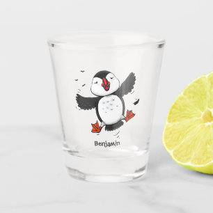 Cute happy flying puffin blue cartoon illustration shot glass