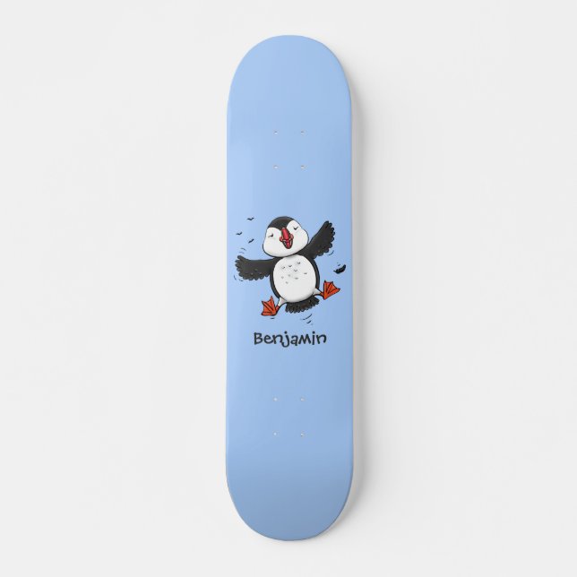 Cute happy flying puffin blue cartoon illustration skateboard (Front)