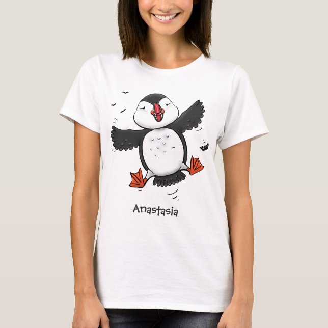 Cute happy flying puffin blue cartoon illustration T-Shirt (Front)