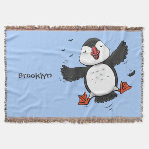 Cute happy flying puffin blue cartoon illustration throw blanket