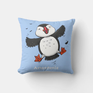 Cute happy flying puffin blue cartoon illustration throw pillow