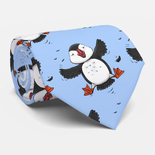 Cute happy flying puffin blue cartoon illustration tie