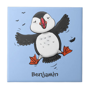 Cute happy flying puffin blue cartoon illustration tile