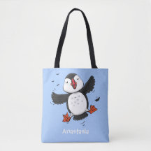 Cute happy flying puffin blue cartoon illustration