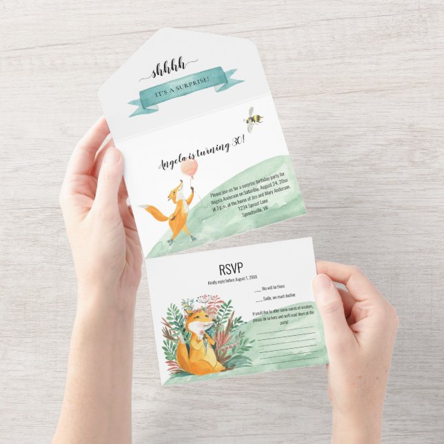 Cute Happy Fox Surprise Birthday Party All In One Invitation (Tearaway)