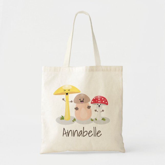 Cute happy fungi mushrooms and toadstools cartoon tote bag (Front)