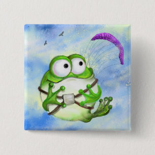 Cute Happy Funny Frog Paraglider - Cartoon Drawing 2 Inch Square Button