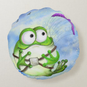 Cute Happy Funny Frog Paraglider - Cartoon Drawing Round Pillow
