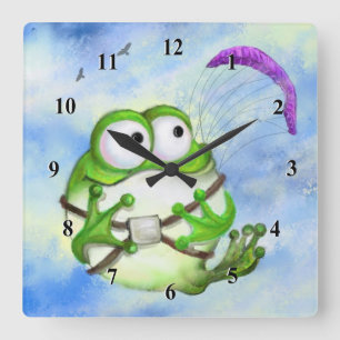 Cute Happy Funny Frog Paraglider - Cartoon Drawing Square Wall Clock