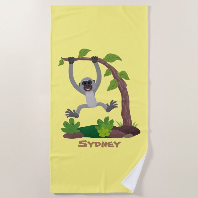 Cute happy gibbon ape cartoon illustration beach towel (Front)