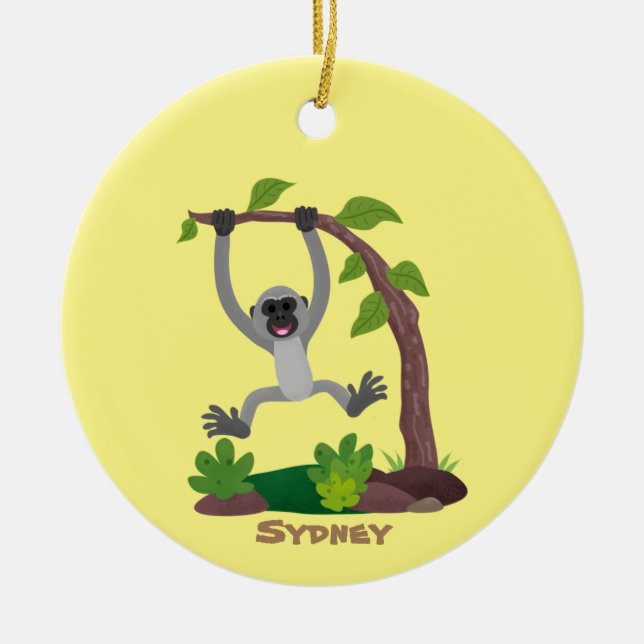Cute happy gibbon ape cartoon illustration ceramic ornament (Front)
