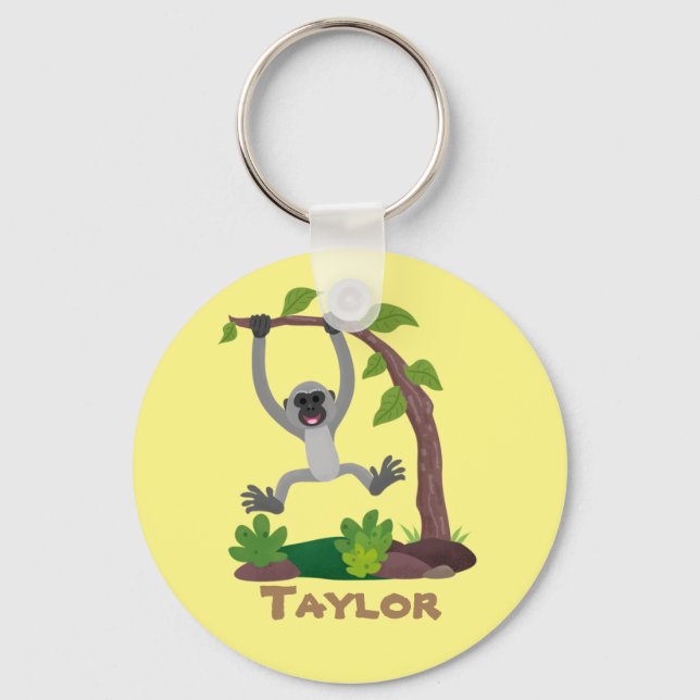 Cute happy gibbon ape cartoon illustration keychain (Front)