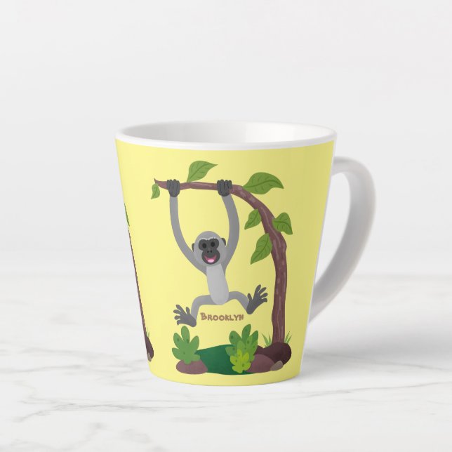 Cute happy gibbon ape cartoon illustration latte mug (Right Angle)