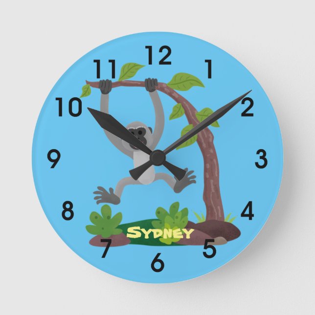 Cute happy gibbon ape cartoon illustration round c round clock (Front)