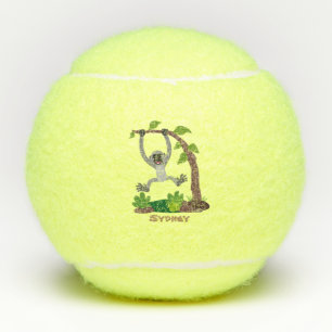 Cute happy gibbon ape cartoon illustration tennis balls