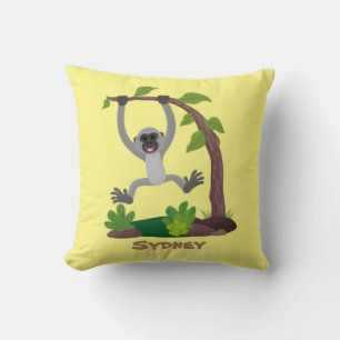 Cute happy gibbon ape cartoon illustration throw pillow