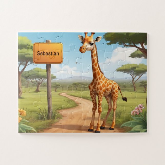 Cute happy Giraffe in savanna with name Jigsaw Puzzle (Horizontal)