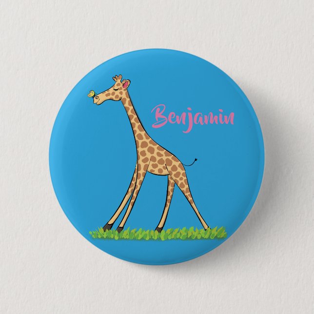 Cute happy giraffe with butterfly cartoon 2 inch round button (Front)