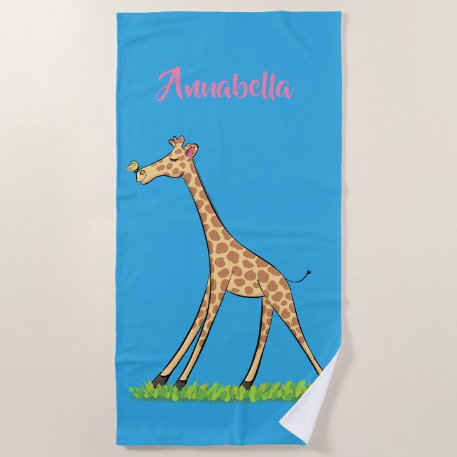 Cute happy giraffe with butterfly cartoon beach towel (Front)