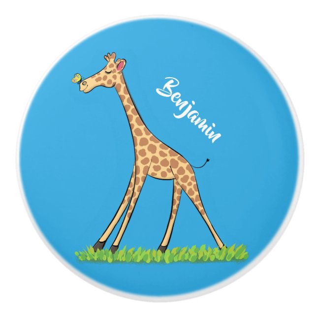 Cute happy giraffe with butterfly cartoon ceramic knob (Front)