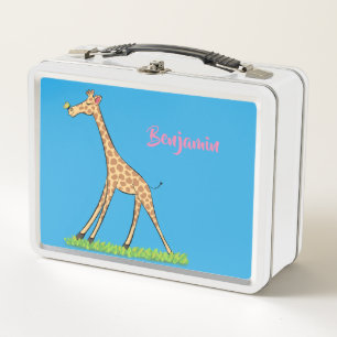 Cute happy giraffe with butterfly cartoon metal lunch box