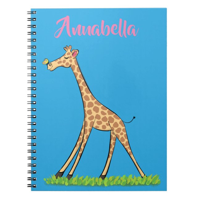 Cute happy giraffe with butterfly cartoon notebook (Front)