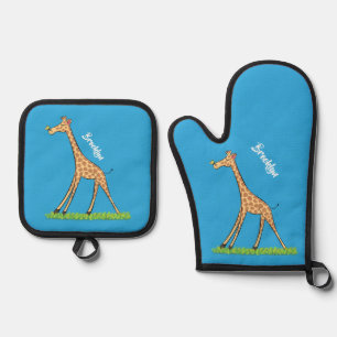 Cute happy giraffe with butterfly cartoon oven mitt & pot holder set