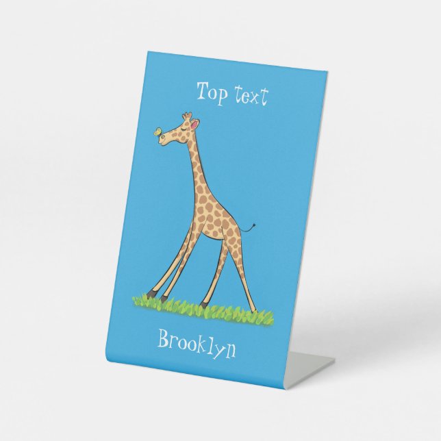 Cute happy giraffe with butterfly cartoon pedestal sign (Front)