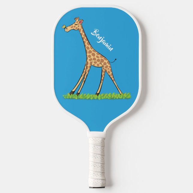 Cute happy giraffe with butterfly cartoon pickleball paddle (Front)