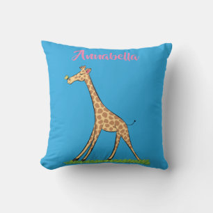 Cute happy giraffe with butterfly cartoon throw pillow