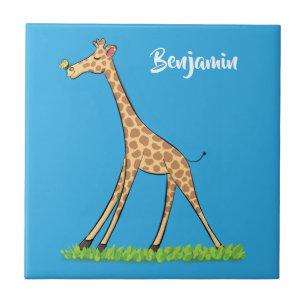 Cute happy giraffe with butterfly cartoon tile