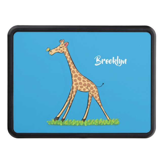 Cute happy giraffe with butterfly cartoon trailer hitch cover (Front)