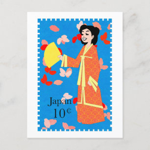 Cute Happy Girl Japan Stamp Art Postcard