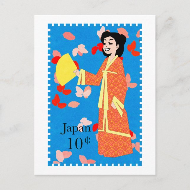 Cute Happy Girl Japan Stamp Art Postcard (Front)