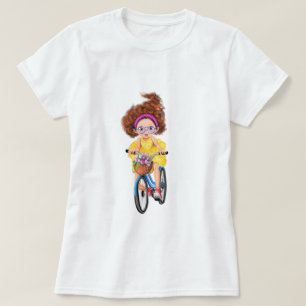 Cute Happy Girl On A Bike and Pink Bouquet Tulips T-Shirt