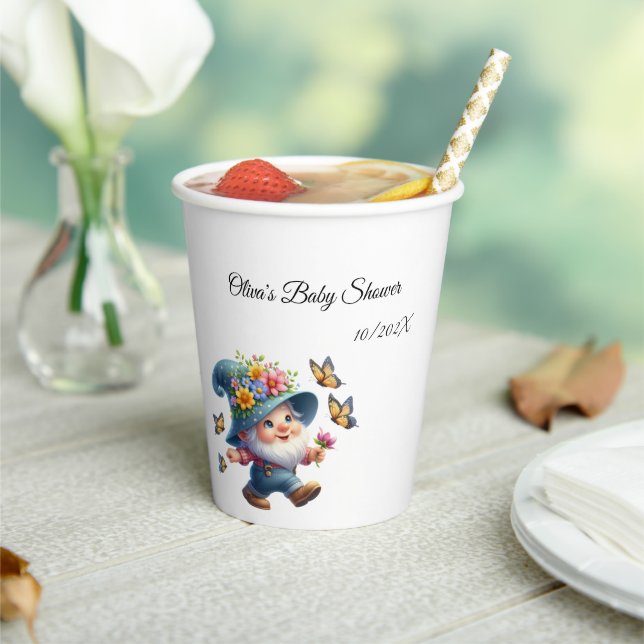 Cute Happy Gnome with Butterfly Baby Shower Paper Cups (Insitu)