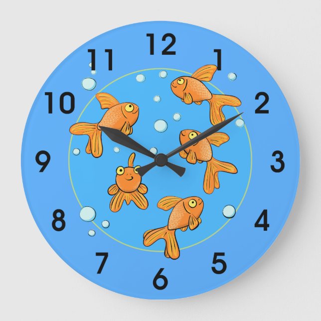 Cute happy goldfish with bubbles cartoon clock (Front)