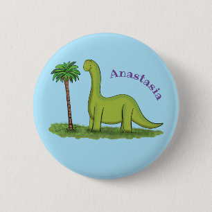 Cute happy green brontosaurus dinosaur cartoon 2 inch round button