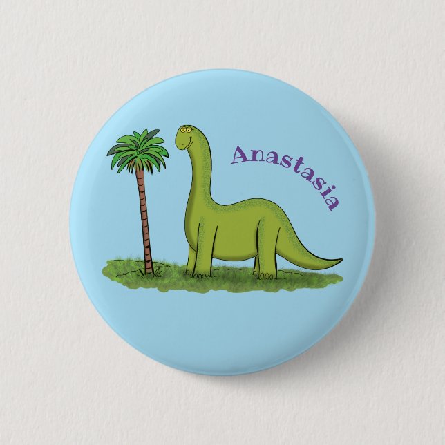 Cute happy green brontosaurus dinosaur cartoon 2 inch round button (Front)