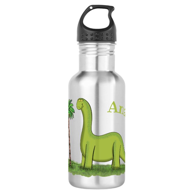 Cute happy green brontosaurus dinosaur cartoon 532 ml water bottle (Front)