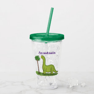 Cute happy green brontosaurus dinosaur cartoon acrylic tumbler