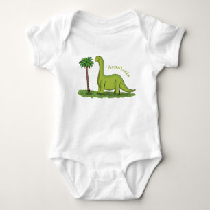 Cute happy green brontosaurus dinosaur cartoon baby bodysuit