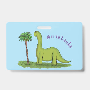 Cute happy green brontosaurus dinosaur cartoon badge