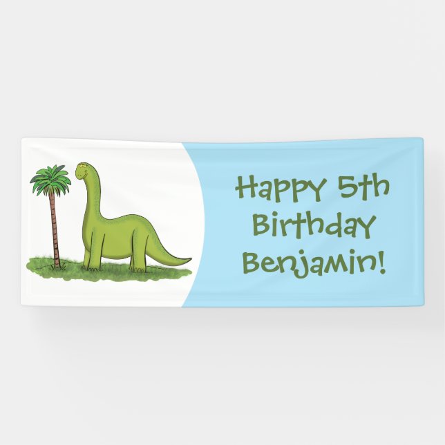 Cute happy green brontosaurus dinosaur cartoon banner (Horizontal)