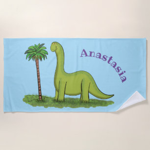 Cute happy green brontosaurus dinosaur cartoon beach towel