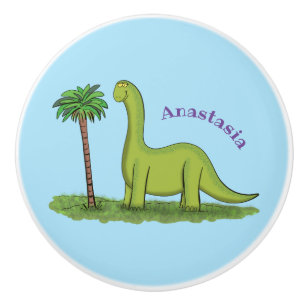 Cute happy green brontosaurus dinosaur cartoon ceramic knob