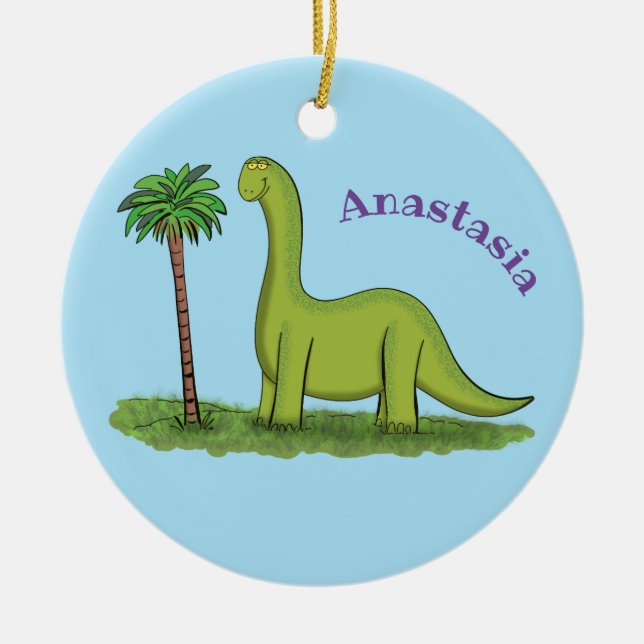 Cute happy green brontosaurus dinosaur cartoon ceramic ornament (Front)