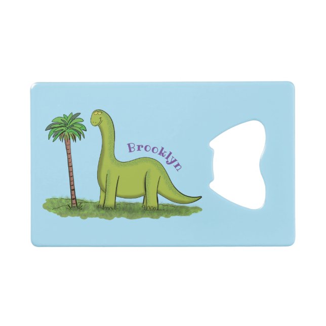 Cute happy green brontosaurus dinosaur cartoon credit card bottle opener (Front (Horizontal))