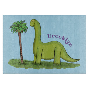 Cute happy green brontosaurus dinosaur cartoon cutting board