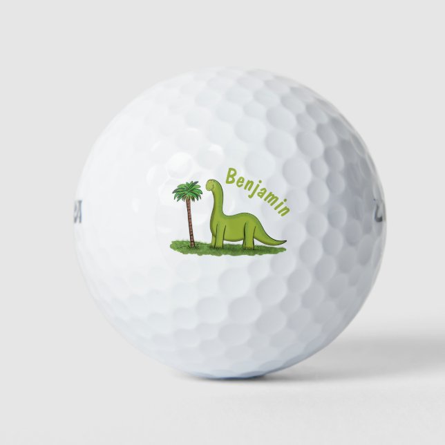 Cute happy green brontosaurus dinosaur cartoon golf balls (Front)
